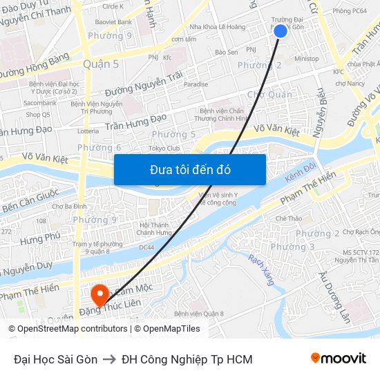 Đại Học Sài Gòn to ĐH Công Nghiệp Tp HCM map