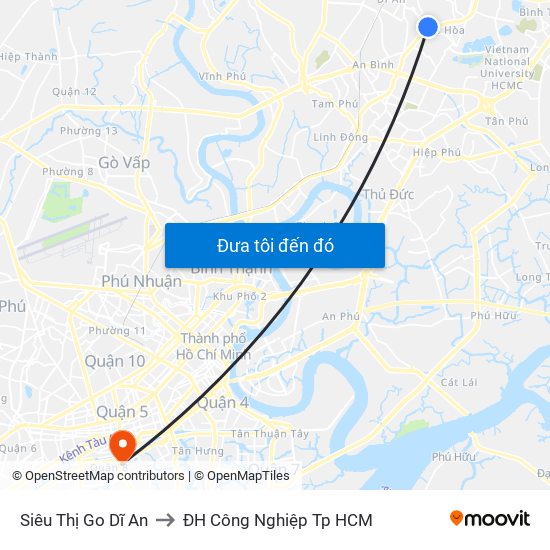 Siêu Thị Go Dĩ An to ĐH Công Nghiệp Tp HCM map