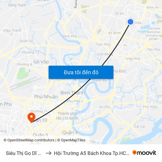 Siêu Thị Go Dĩ An to Hội Trường A5 Bách Khoa Tp.HCM map