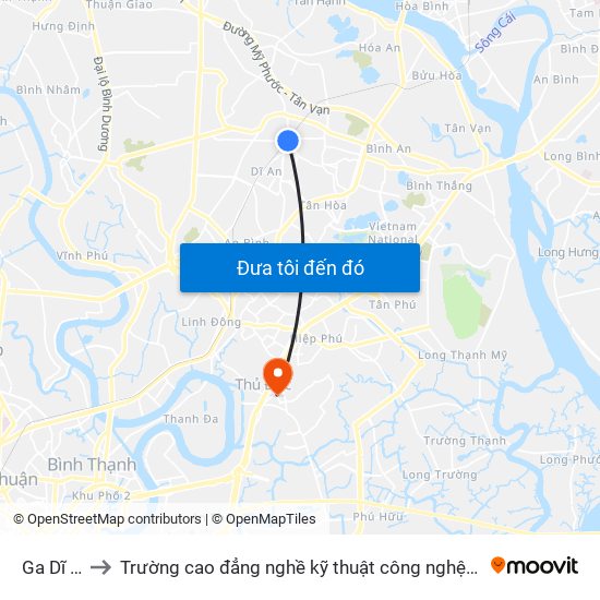 Ga Dĩ An to Trường cao đẳng nghề kỹ thuật công nghệ TP HCM map