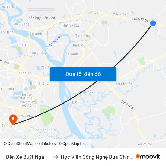 Bến Xe Buýt Ngã Ba Trị An to Học Viện Công Nghệ Bưu Chính Viễn Thông map