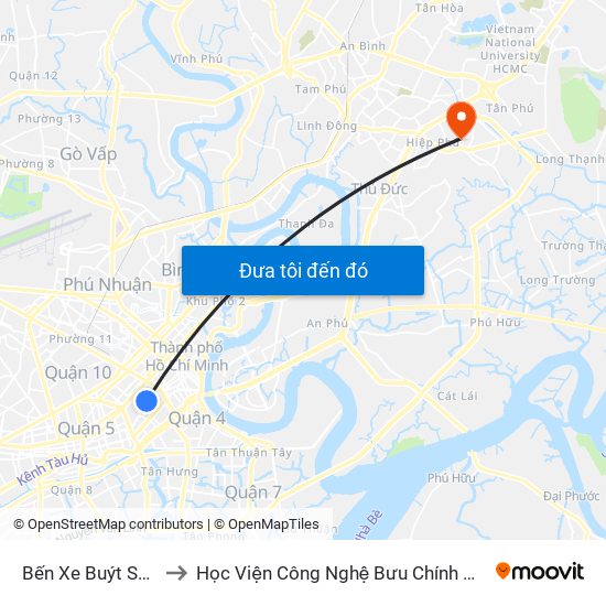 Bến Xe Buýt Sài Gòn to Học Viện Công Nghệ Bưu Chính Viễn Thông map