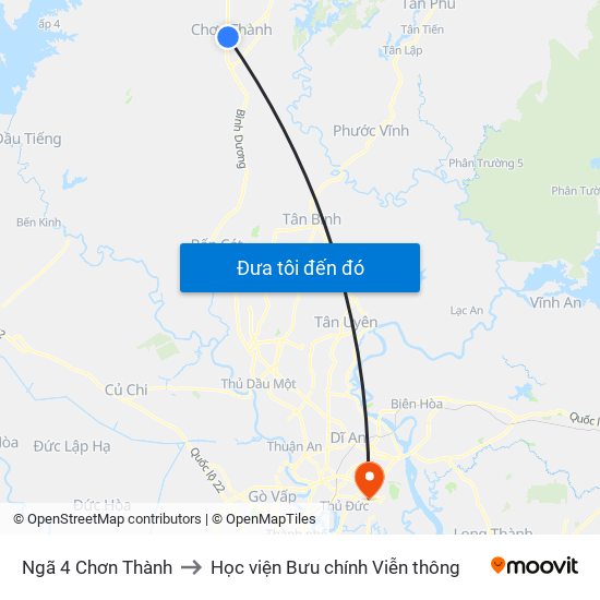 Ngã 4 Chơn Thành to Học viện Bưu chính Viễn thông map