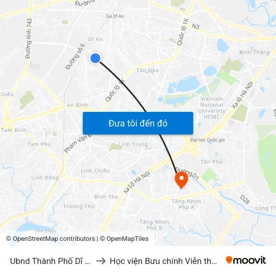 Ubnd Thành Phố Dĩ An to Học viện Bưu chính Viễn thông map