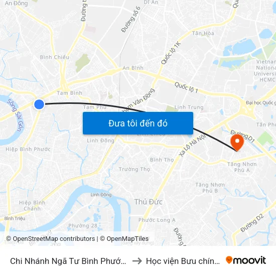 Chi Nhánh Ngã Tư Bình Phước (Xe Thành Công) to Học viện Bưu chính Viễn thông map
