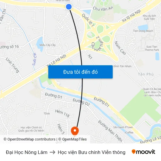 Đại Học Nông Lâm to Học viện Bưu chính Viễn thông map