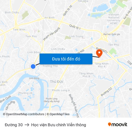 Đường 30 to Học viện Bưu chính Viễn thông map