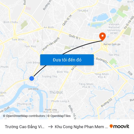 Trường Cao Đẳng Vinatex to Khu Cong Nghe Phan Mem Dhqg map