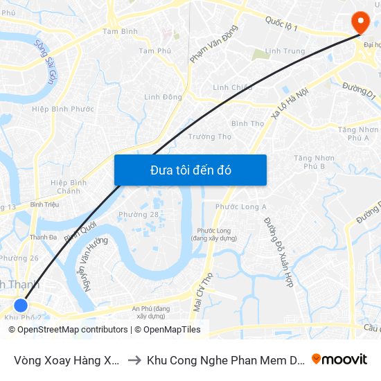 Vòng Xoay Hàng Xanh to Khu Cong Nghe Phan Mem Dhqg map