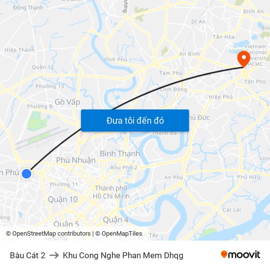 Bàu Cát 2 to Khu Cong Nghe Phan Mem Dhqg map
