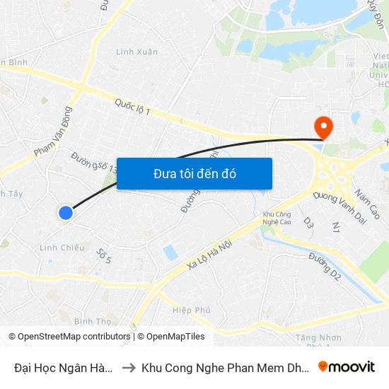 Đại Học Ngân Hàng to Khu Cong Nghe Phan Mem Dhqg map