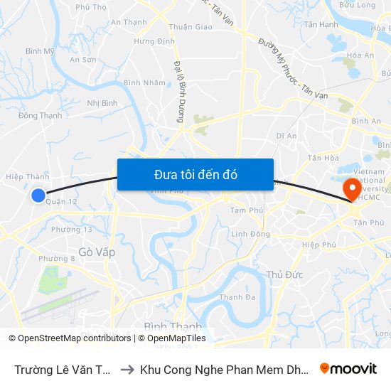 Trường Lê Văn Thọ to Khu Cong Nghe Phan Mem Dhqg map