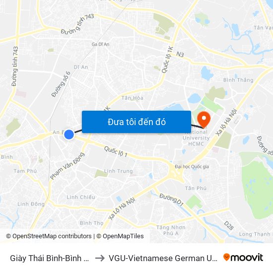 Giày Thái Bình-Bình Đường to VGU-Vietnamese German University map