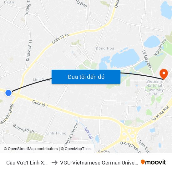 Cầu Vượt Linh Xuân to VGU-Vietnamese German University map