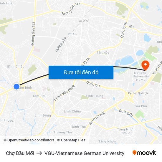 Chợ Đầu Mối to VGU-Vietnamese German University map