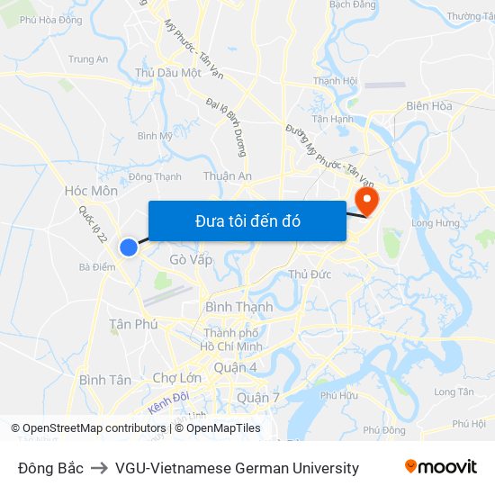 Đông Bắc to VGU-Vietnamese German University map