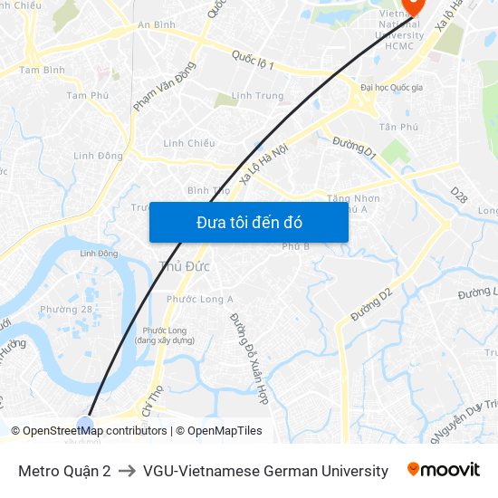 Metro Quận 2 to VGU-Vietnamese German University map