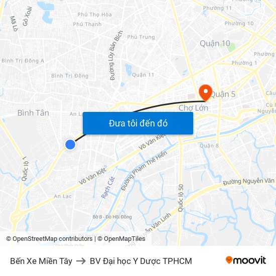 Bến Xe Miền Tây to BV Đại học Y Dược TPHCM map