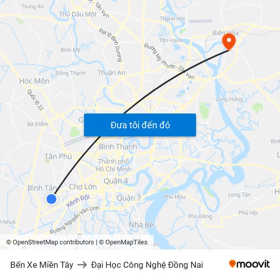 Bến Xe Miền Tây to Đại Học Công Nghệ Đồng Nai map