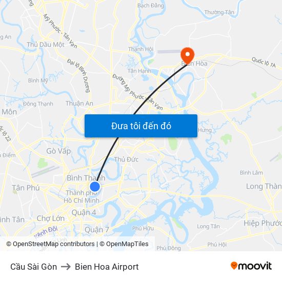 Cầu Sài Gòn to Bien Hoa Airport map