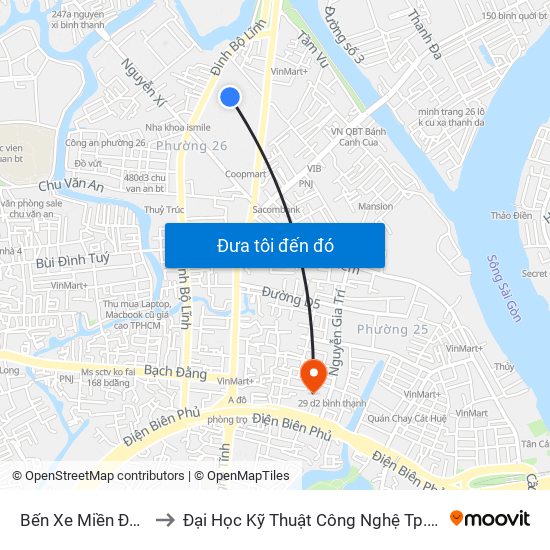 Bến Xe Miền Đông to Đại Học Kỹ Thuật Công Nghệ Tp.Hcm map