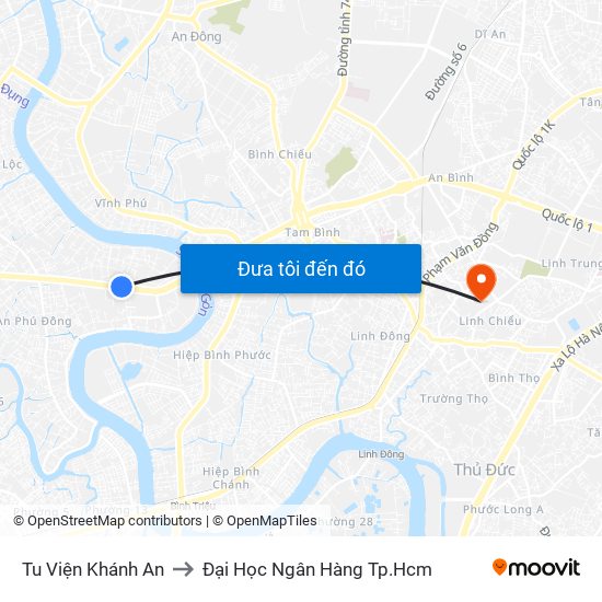 Tu Viện Khánh An to Đại Học Ngân Hàng Tp.Hcm map