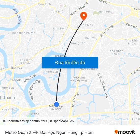 Metro Quận 2 to Đại Học Ngân Hàng Tp.Hcm map