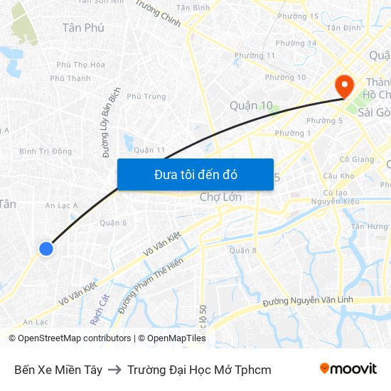 Bến Xe Miền Tây to Trường Đại Học Mở Tphcm map