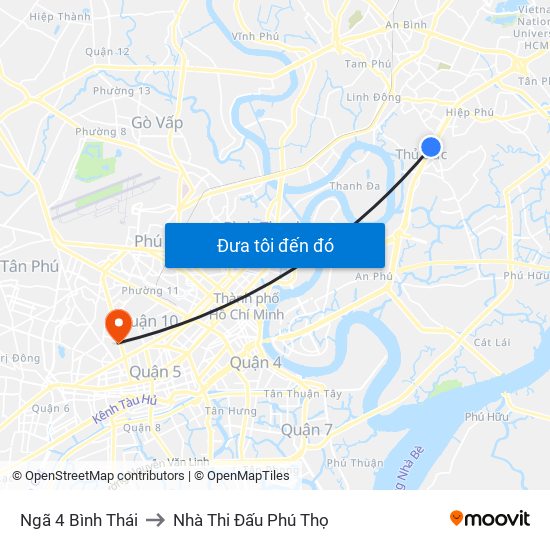 Ngã 4 Bình Thái to Nhà Thi Đấu Phú Thọ map