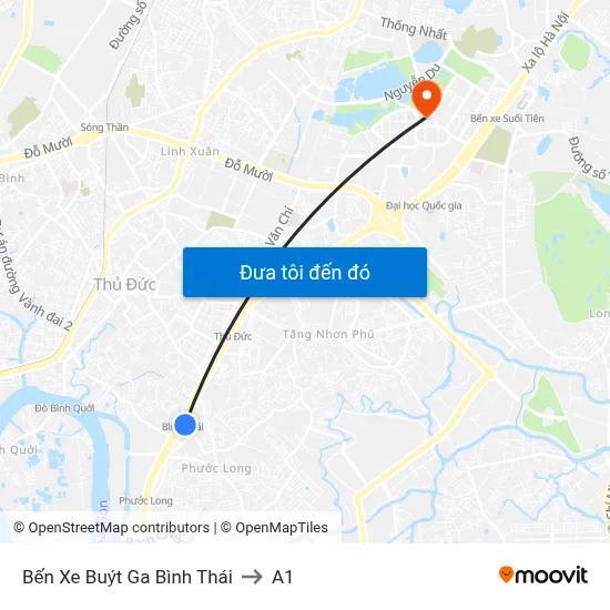 Bến Xe Buýt Ga Bình Thái to A1 map