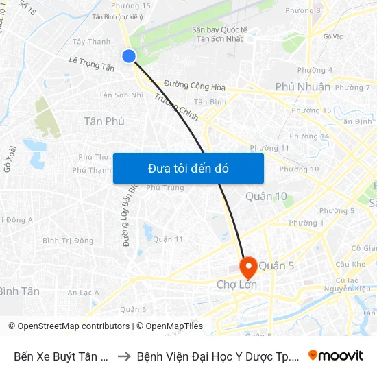 Bến Xe Buýt Tân Phú to Bệnh Viện Đại Học Y Dược Tp.Hcm map