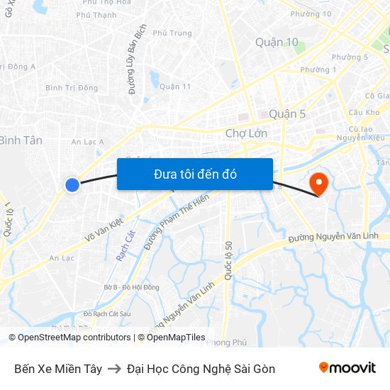 Bến Xe Miền Tây to Đại Học Công Nghệ Sài Gòn map