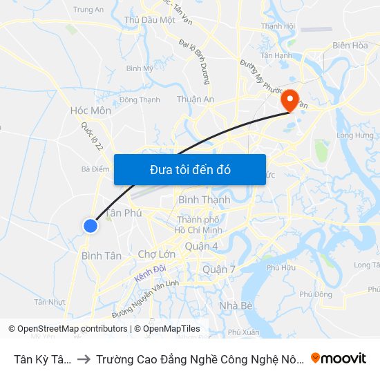 Tân Kỳ Tân Quý to Trường Cao Đẳng Nghề Công Nghệ Nông Lâm Nam Bộ map