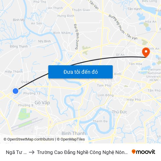 Ngã Tư Đình to Trường Cao Đẳng Nghề Công Nghệ Nông Lâm Nam Bộ map