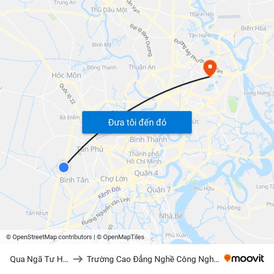 Qua Ngã Tư Hương Lộ 2 to Trường Cao Đẳng Nghề Công Nghệ Nông Lâm Nam Bộ map