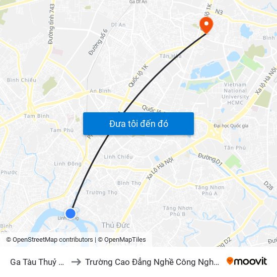 Ga Tàu Thuỷ Linh Đông to Trường Cao Đẳng Nghề Công Nghệ Nông Lâm Nam Bộ map