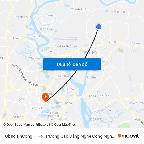 Ubnd Phường Trảng Dài to Trường Cao Đẳng Nghề Công Nghệ Nông Lâm Nam Bộ map