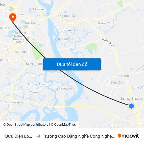 Bưu Điện Long Thành to Trường Cao Đẳng Nghề Công Nghệ Nông Lâm Nam Bộ map