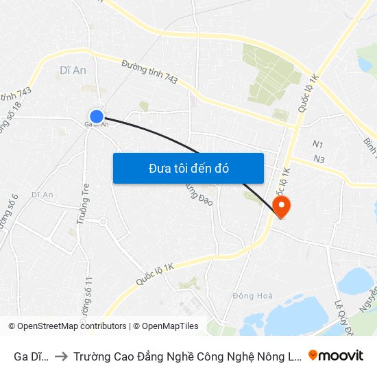 Ga Dĩ An to Trường Cao Đẳng Nghề Công Nghệ Nông Lâm Nam Bộ map