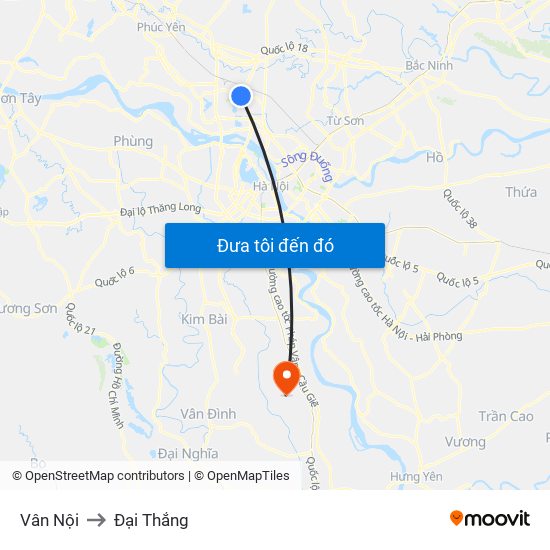 Vân Nội to Đại Thắng map