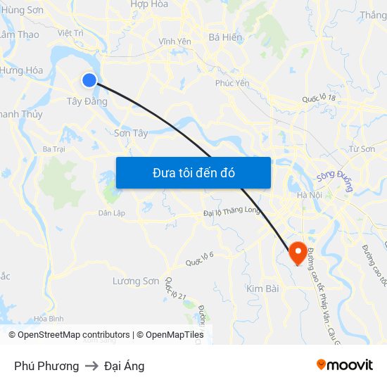 Phú Phương to Đại Áng map