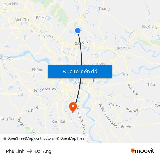 Phù Linh to Đại Áng map