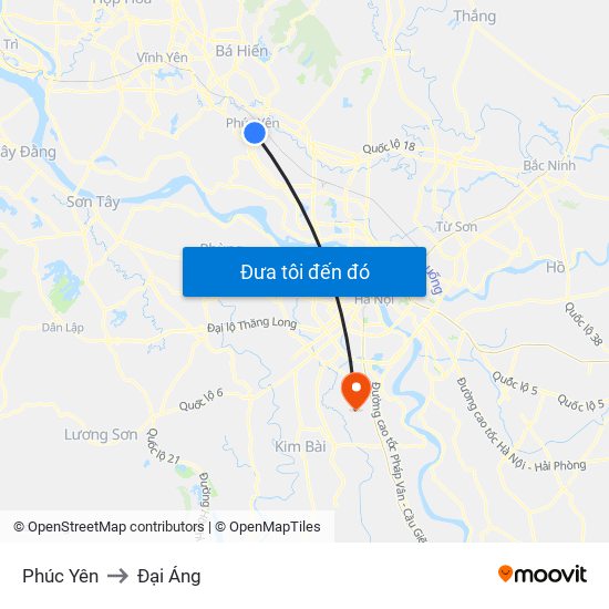 Phúc Yên to Đại Áng map