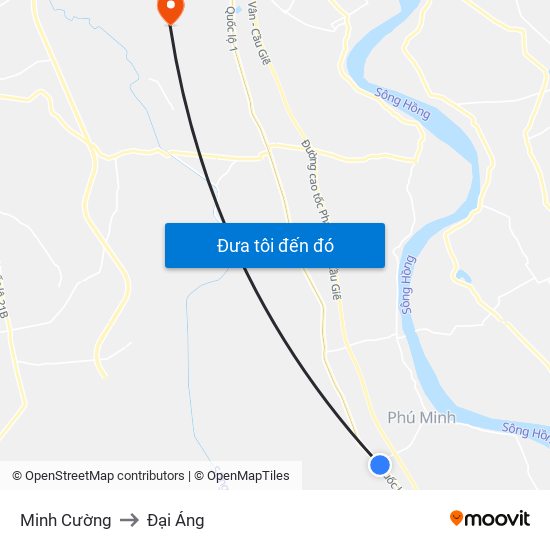 Minh Cường to Đại Áng map