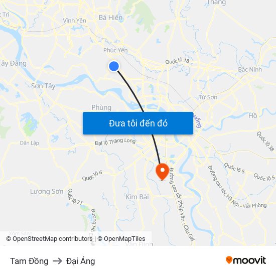 Tam Đồng to Đại Áng map