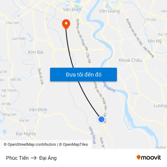 Phúc Tiến to Đại Áng map