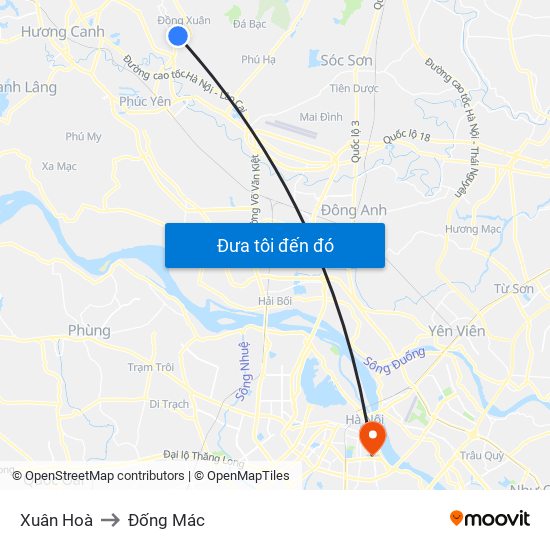 Xuân Hoà to Đống Mác map