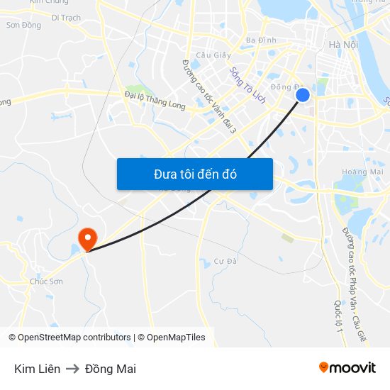 Kim Liên to Đồng Mai map