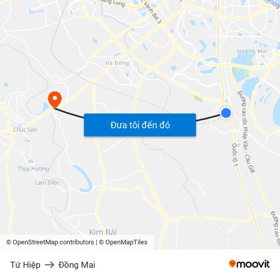 Tứ Hiệp to Đồng Mai map