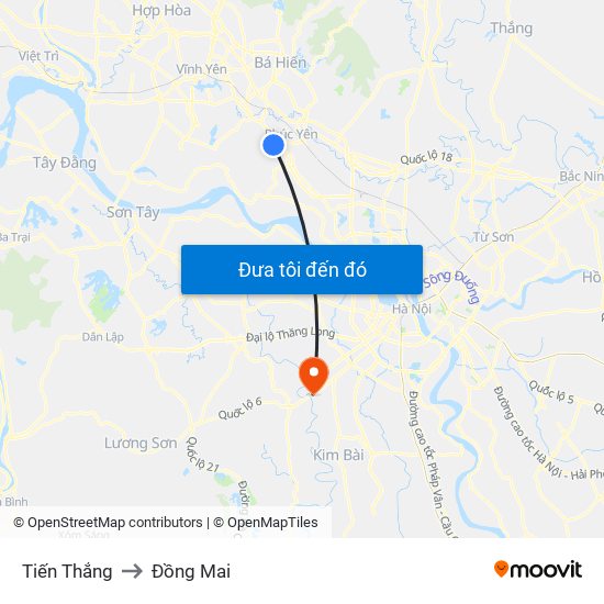 Tiến Thắng to Đồng Mai map